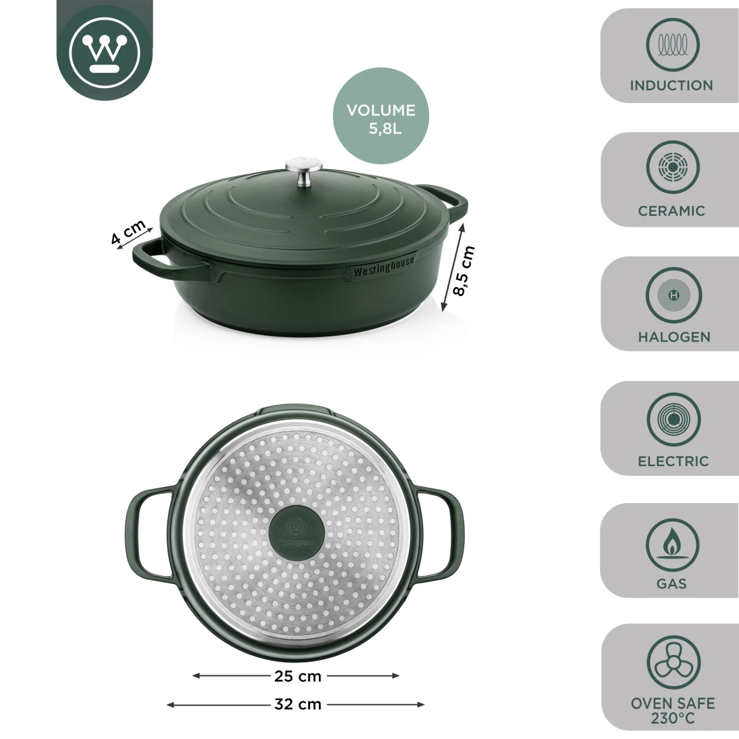 Westinghouse Hapjespan Performance - Gracious Green - ø 32 Cm / 5.8 Liter - Standaard Anti-aanbaklaag 9 Westinghouse Hapjespan Performance - Gracious Green - ø 32 Cm / 5.8 Liter - Standaard Anti-aanbaklaag - Afbeelding 9