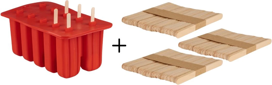Sareva IJsjesmaker Voor 10 Ijsjes - Rood - Siliconen + 150 Houten IJsstokjes 1 Sareva IJsjesmaker Voor 10 Ijsjes - Rood - Siliconen + 150 Houten IJsstokjes